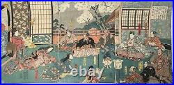Edo Era Japanese Woodblock Triptych Print Toyokuni? Original Ukiyoe 14.5 x 30in