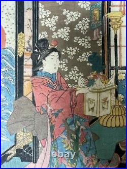 Edo Era Japanese Woodblock Triptych Print Toyokuni? Original Ukiyoe 14.5 x 30in