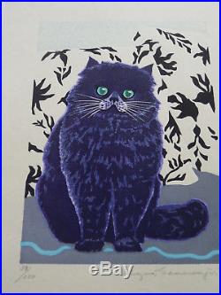 First Ltd Ed Japanese Woodblock Print Of A Cat By Kazuhiko Sanmonji Green Eyes