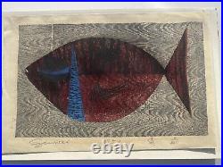 Fish 1959 Woodblock Print Rare Modernism Signed MID Century Japanese Mystery