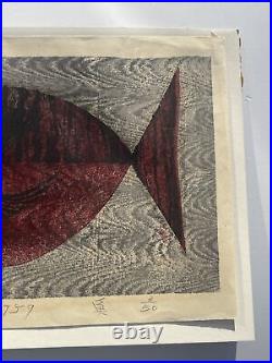 Fish 1959 Woodblock Print Rare Modernism Signed MID Century Japanese Mystery