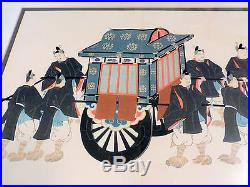 Framed Antique Japanese Wood Block Print Royal Palanquin Costumed Guards 2