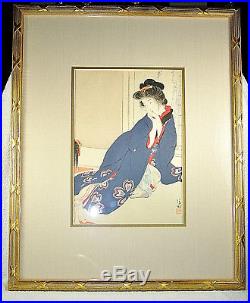 Framed Kaburagi Kiyokata Japanese Woodblock Print TIPSY BEAUTY / SCARLET PEACH
