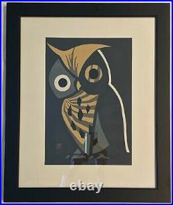 Framed Matted Signed Kaoru Kawano Modernist Japanese Woodblock Owl Print