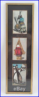 Framed Mid Century Tomoo Inagaki Japanese Woodblock Prints 2 Cats Uma Horse Boy