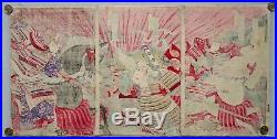 Genuine Japanese Woodblock Triptych with Samurai on Horses