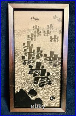 Gihachiro Okuyama Japanese Woodblock Print Sailboats and a Rocky Shore 10x5 Gihachiro Okuyama Japanese Woodblock Print Sailboats and a Rocky Shore 10x5