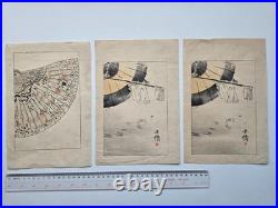 Group of 3 small Japanese woodblock prints Kubota Beisen and 1 drawing