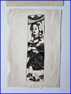 Group of 3 small Japanese woodblock prints Kubota Beisen and 1 drawing