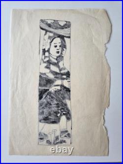 Group of 3 small Japanese woodblock prints Kubota Beisen and 1 drawing