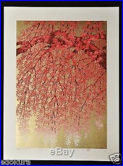 HAJIME NAMIKI Orig JAPANESE Large Woodblock Print Weeping Cherry on Gold