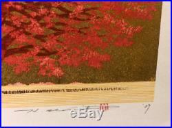 HAJIME NAMIKI Tree Scene 140 Red Wood on Gold Japanese Woodblock Print