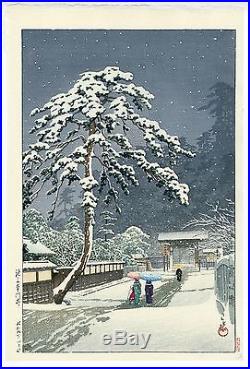 HASUI JAPANESE Hand Printed Woodblock Print Honmon-ji Temple in Ikegami Snow