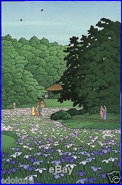 HASUI JAPANESE Hand Printed Woodblock Print Iris Garden at Meiji Shrine Tokyo