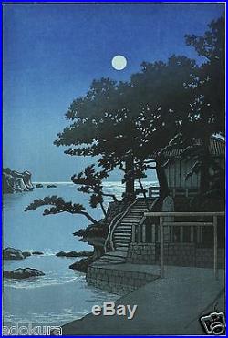 HASUI JAPANESE Woodblock Print Under the Full Moon, Benten Shrine, Shimoda
