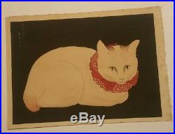 HIROAKI TAKAHASHI SHOTEI Tama White Cat, Original JAPANESE Woodblock Print