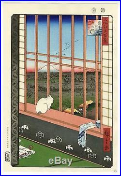 HIROSHIGE JAPANESE Large WOODBLOCK PRINT Asakusa Ricefields Cat