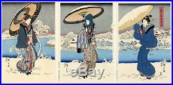 HIROSHIGE JAPANESE Triptych Woodblock Print Evening Snow at Mokuboji Temple