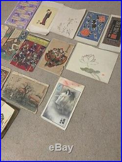 HUGE ANTIQUE Asian Japanese Woodblock Block Print LOT MUST SEE! 85+ See Descrip