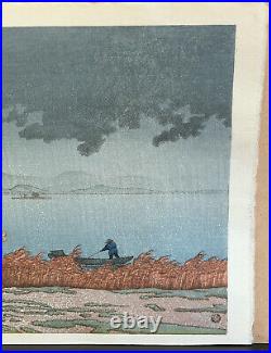 Hasui Kwase Rain On Lake Matsui Antique Japanese Woodblock Print