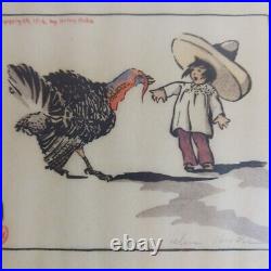 Helen Hyde Pencil Signed Japanese Woodblock Color Print Turkey and Child