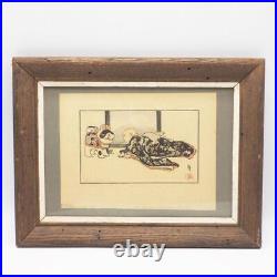 Helen Hyde Woodblock Print Framed The Puppy Cat and The Baby Signed Numbered