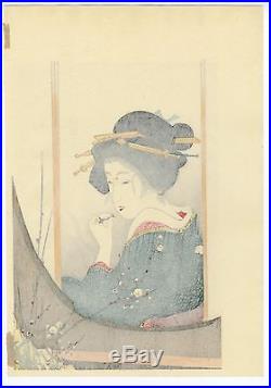 Hirezaki Eiho Japanese OBAN Woodblock Print Plum Beauty GEISHA YONEHACHI