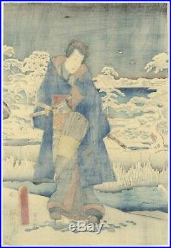 Hiroshige II, Toyokuni III, Beauty, Original Japanese Woodblock Print, Snow