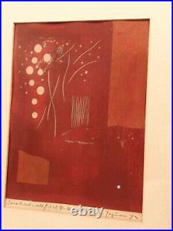 Hiroyuki Tajima WOODCUT Print Small Red Wall B Abstract Woodblock 1972 Framed