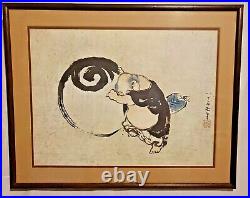 Hokusai Woodblock Print Japanese Zen Hotei Matted and Framed