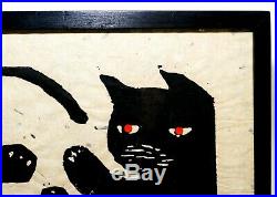 IWAO AKIYAMA (JAPAN b. 1921) BLACK CAT WithRED EYES WOODBLOCK PRINT, 1971, #39/100