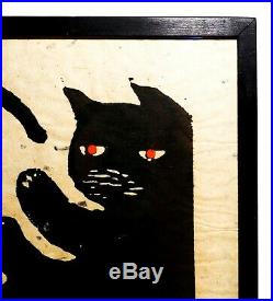 IWAO AKIYAMA (JAPAN b. 1921) BLACK CAT WithRED EYES WOODBLOCK PRINT, 1971, #39/100
