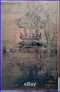 In a Temple Yard by Hiroshi Yoshida Jizuri Seal Japanese Woodblock Print Signed