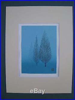 Ippei Kusaki Trees Blue Japanese Woodblock Print Vibrant Blue Color