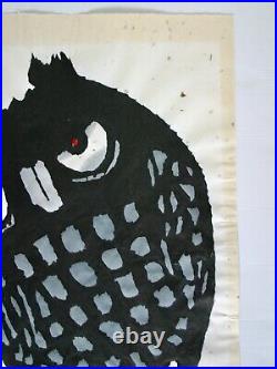 Iwao Akiyama Original Woodblock print 64/200 1989 Owl with inscription