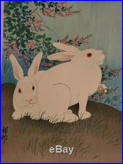 JAPANESE OHARA KOSON Woodblock Print Rabbits and the Moon