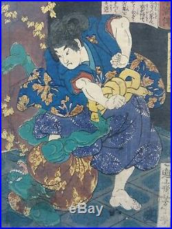 JAPANESE WOODBLOCK PRINT 1866 YOSHITOSHI ORIGINAL hero punching green demon rare