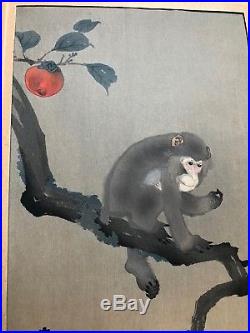JAPANESE WOODBLOCK PRINT MONKEY AND PERSIMMON by KOS0N ORIGINAL FIRST EDITION