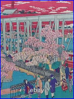 JAPANESE WOODBLOCK PRINT ORIGINAL ANTIQUE 1888 Azuma Steel Bridge TOKYO