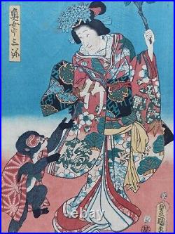 JAPANESE WOODBLOCK PRINT ORIGINAL ANTIQUE circa 1850 KUNISADA MONKEY