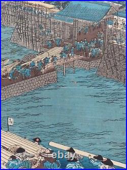 JAPANESE WOODBLOCK PRINT ORIGINAL AUTHENTIC ANTIQUE 1850s SAMURAI / CASTLE