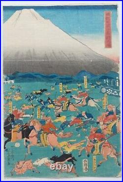 JAPANESE WOODBLOCK PRINT ORIGINAL AUTHENTIC ANTIQUE 1859 Hunt At Mount Fuji