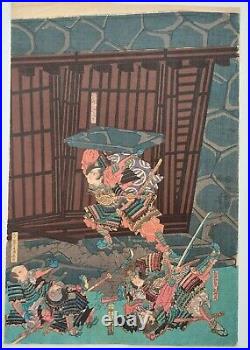 JAPANESE WOODBLOCK PRINT ORIGINAL AUTHENTIC ANTIQUE 1860s SAMURAI BATTLE