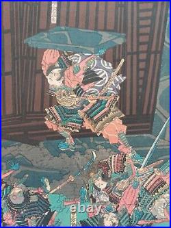 JAPANESE WOODBLOCK PRINT ORIGINAL AUTHENTIC ANTIQUE 1860s SAMURAI BATTLE