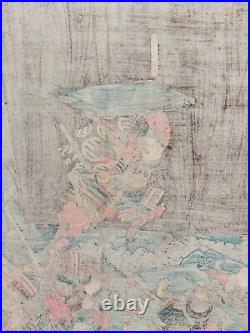 JAPANESE WOODBLOCK PRINT ORIGINAL AUTHENTIC ANTIQUE 1860s SAMURAI BATTLE