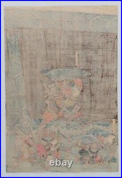 JAPANESE WOODBLOCK PRINT ORIGINAL AUTHENTIC ANTIQUE 1860s SAMURAI BATTLE