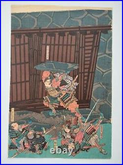 JAPANESE WOODBLOCK PRINT ORIGINAL AUTHENTIC ANTIQUE 1860s SAMURAI BATTLE