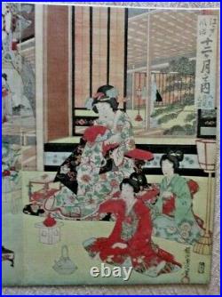 JAPANESE WOODBLOCK TRIPTYCH-Ukiyo-e-Women At Leisure-Tea Ceremony-1880s
