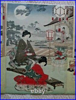 JAPANESE WOODBLOCK TRIPTYCH-Ukiyo-e-Women At Leisure-Tea Ceremony-1880s