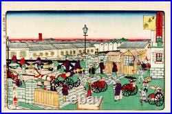 Japan Antique woodblock print Ukiyoe Nihonbashi Utagawa Kunitoshi Edo Original